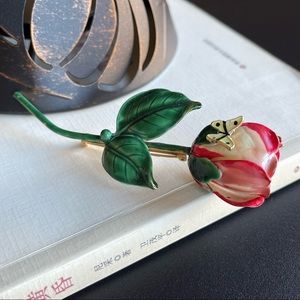 Vintage Sandor rose pink green color butterfly enamel brooch